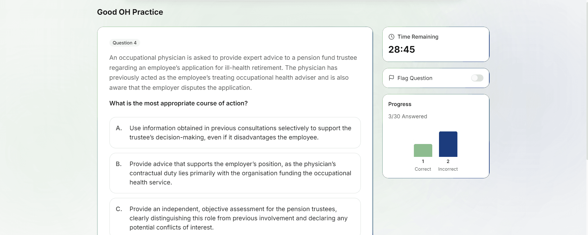 Quiz interface showing a Good OH Practice question with timer, flag, and progress sidebar